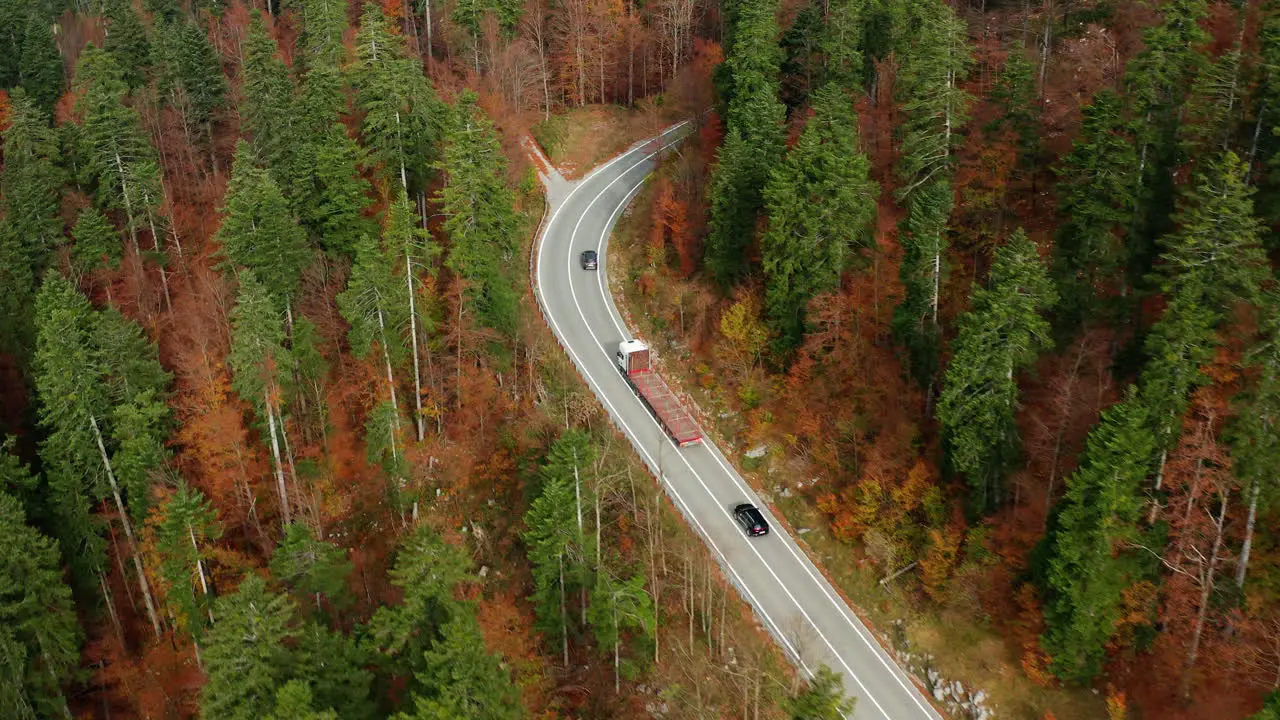 Cars and a big rig driving along winding roads in beautiful fall color forest