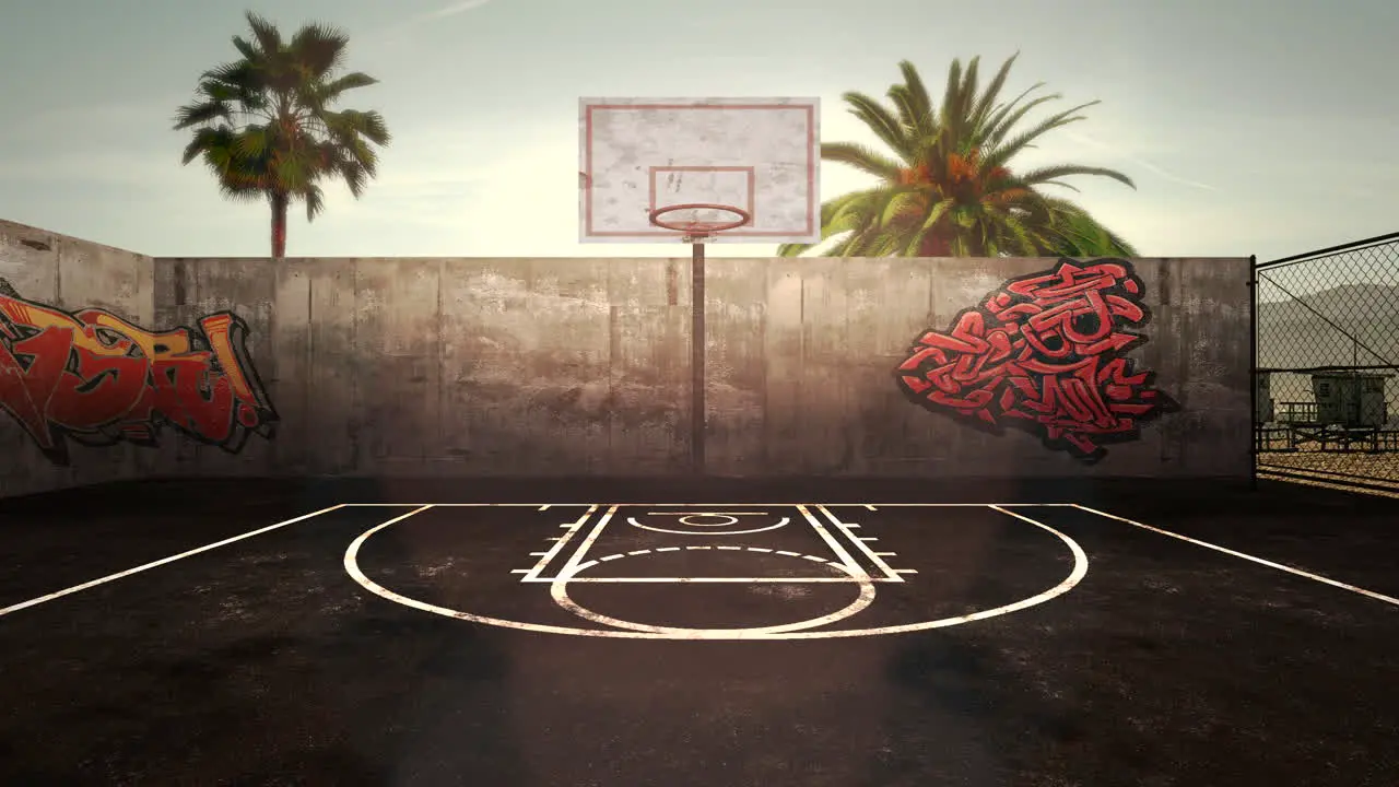 Panorama of city landscape with empty basketball court and many palms in park sunset summer day