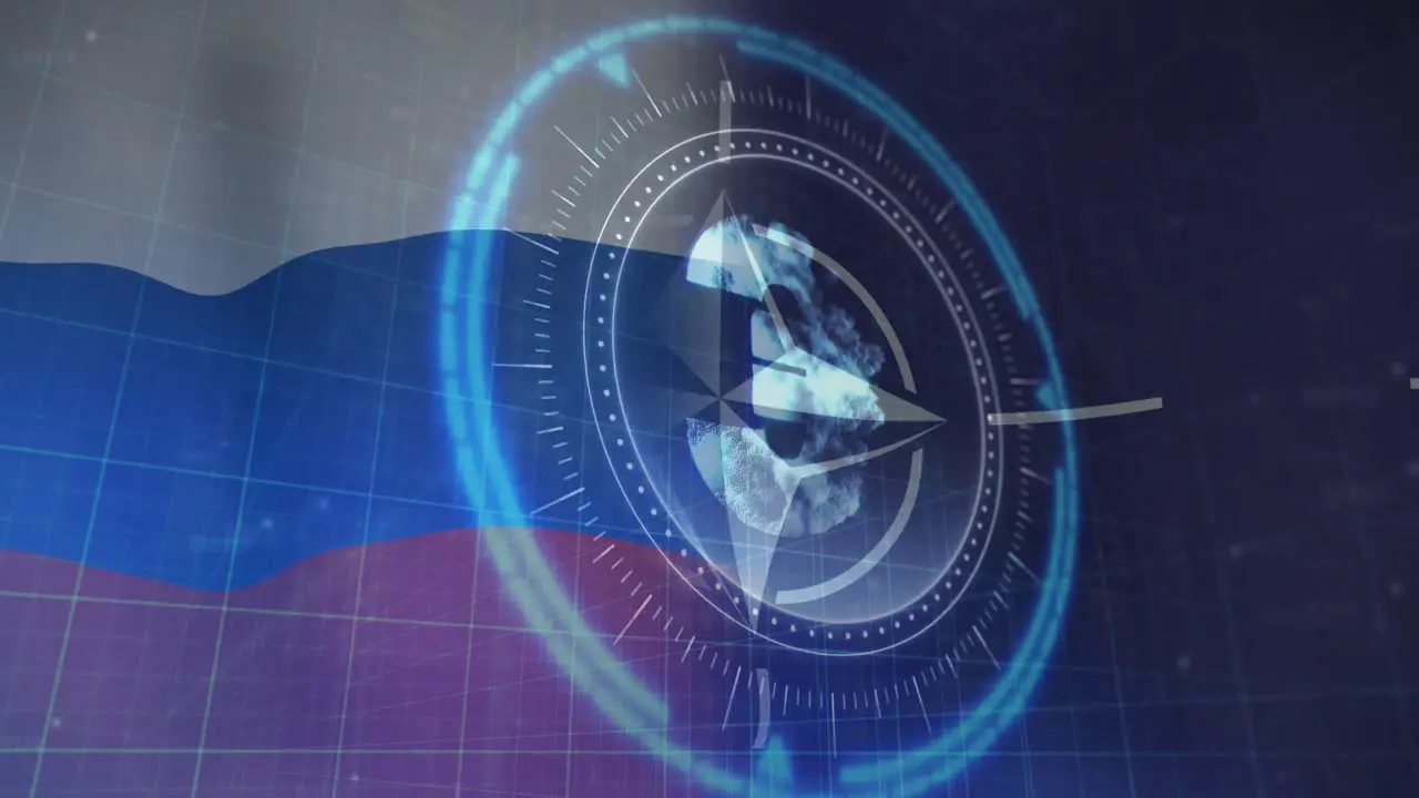 Animation of scope scanning and euro symbol over flags of russia and nato