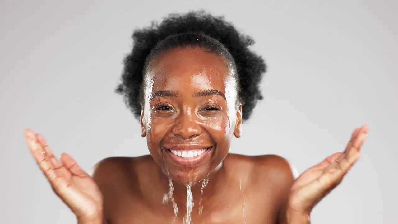 Face skincare smile and black woman with water