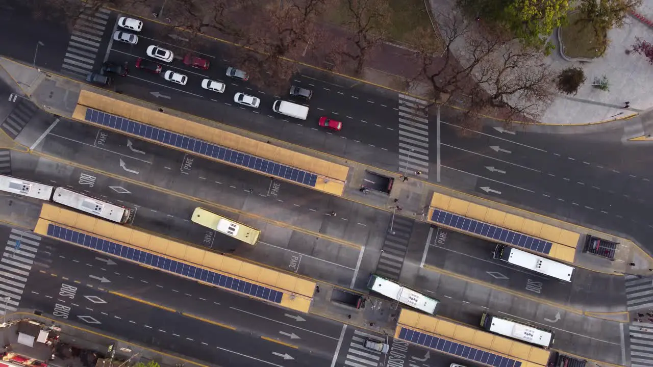 Aerial top-down descending over Chacarita terminal bus station Buenos Aires