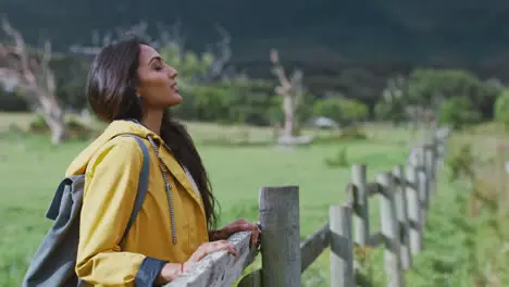 Freedom hiking and woman in nature breathing