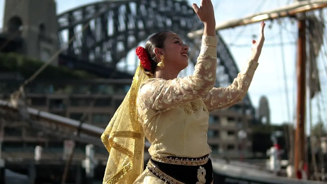 Beautiful Girl Dancer Of Indian Classical Dance In Front Of Sydney Harbour Bridge Australia medium