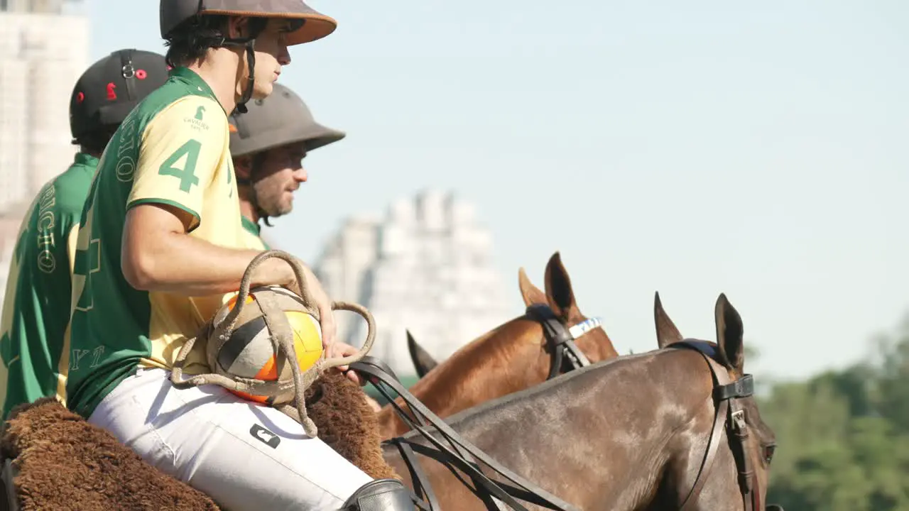 Four riders on horseback ready to start Pato game Argentina National Sport