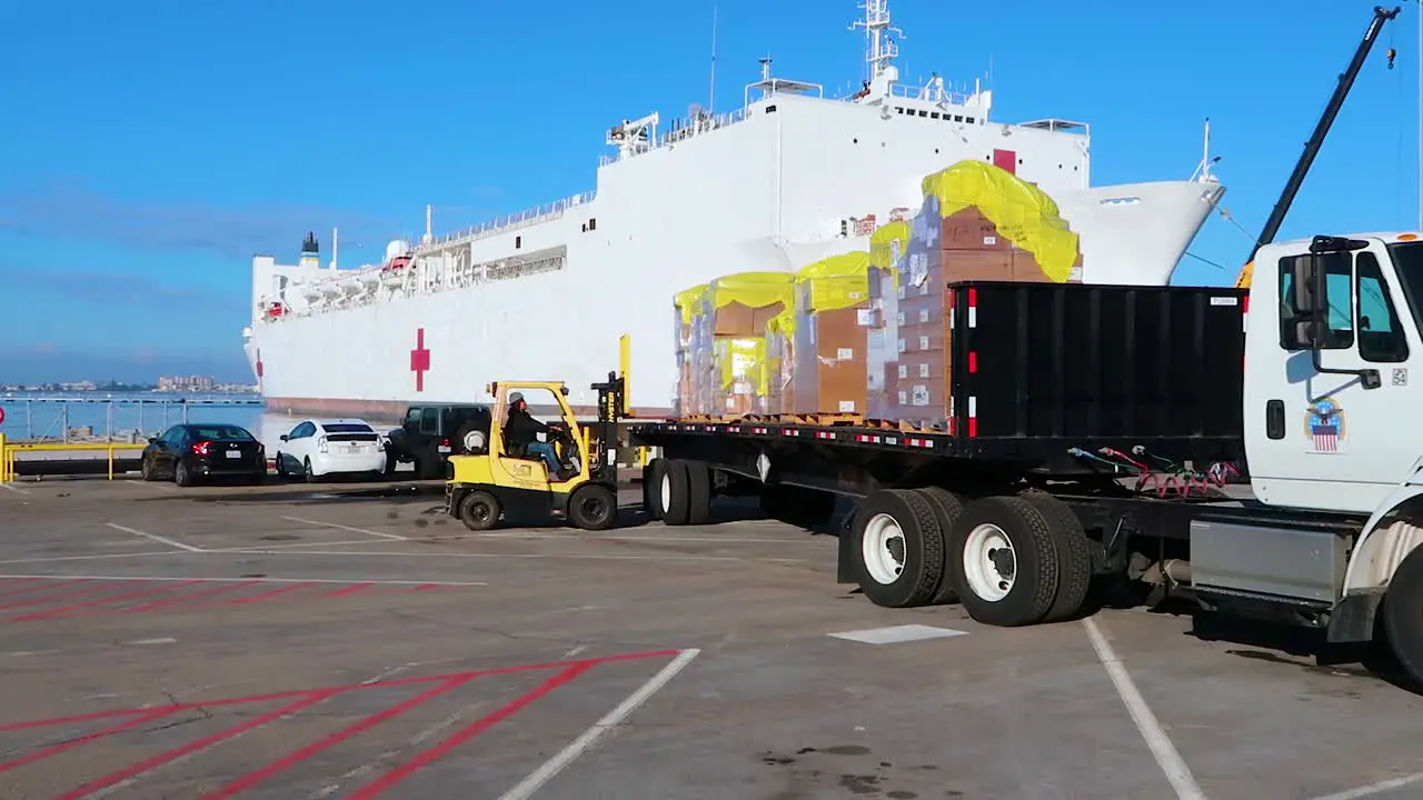 Surgical Masks And Gowns And Other Protective Medical Supplies Are Trucked To The Us Navy Mercy Hostpital Ship During Covid19 Coronavirus Outbreak Epidemic 1