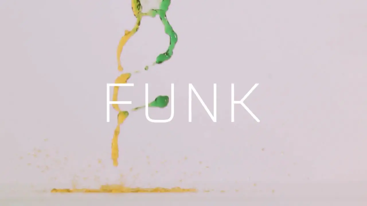 Animation of funk text over liquid on white background