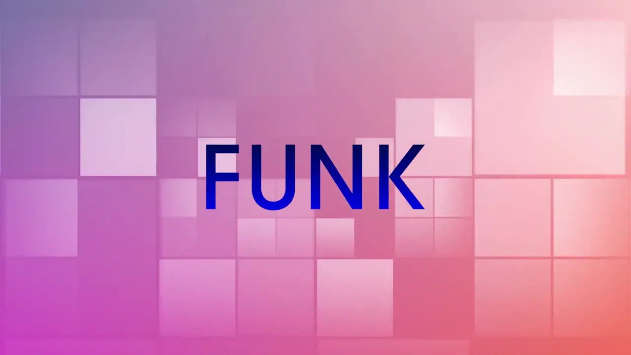 Animation of funk text over squares on purple background