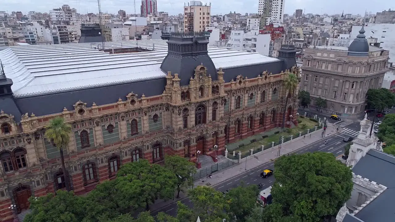 Aerial drone scene in horizontal orbit of historic building