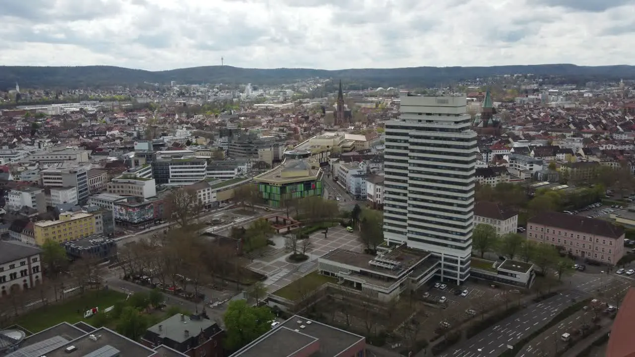 Aerial townscape of Kaiserslautern city center with empty streets on Sunday morning Germany