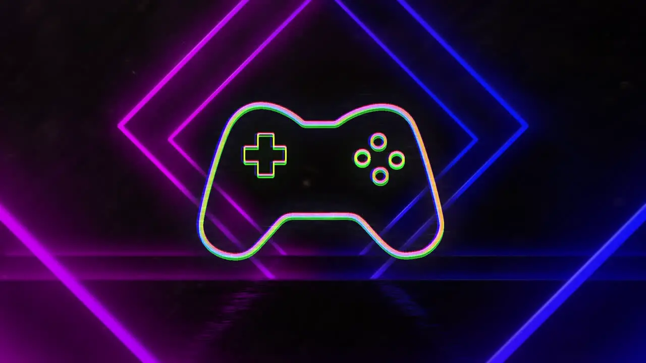 Animation of gamepad icon and neon shapes moving on black background