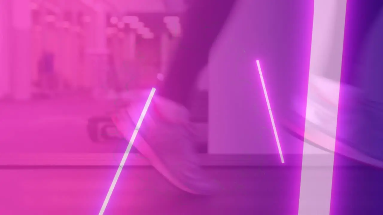 Animation of glowing pink lights over athlete running on treadmill in gym