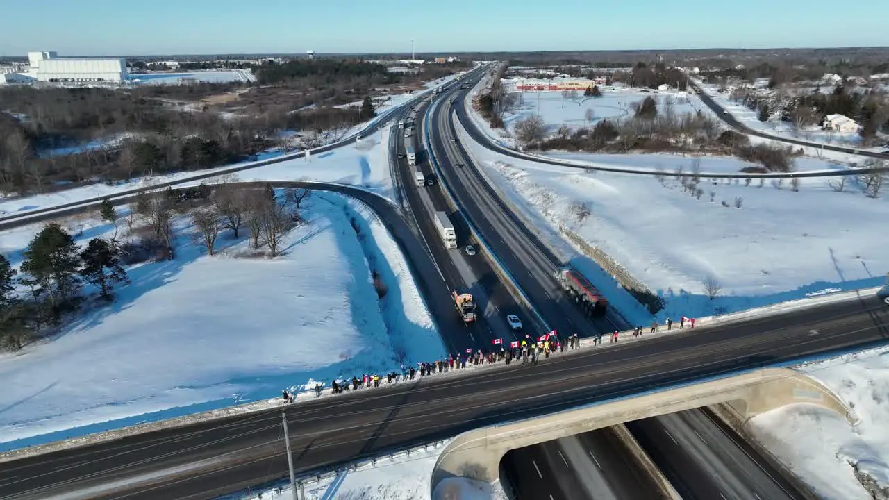 Aerial Freedom convoy 2022 leaving Kingston Ontario Canada with people supporting