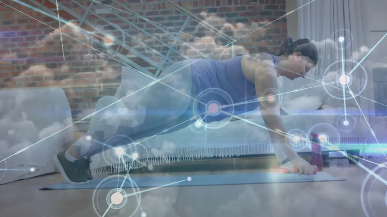 Network of connections over caucasian woman performing exercise at home against clouds in the sky