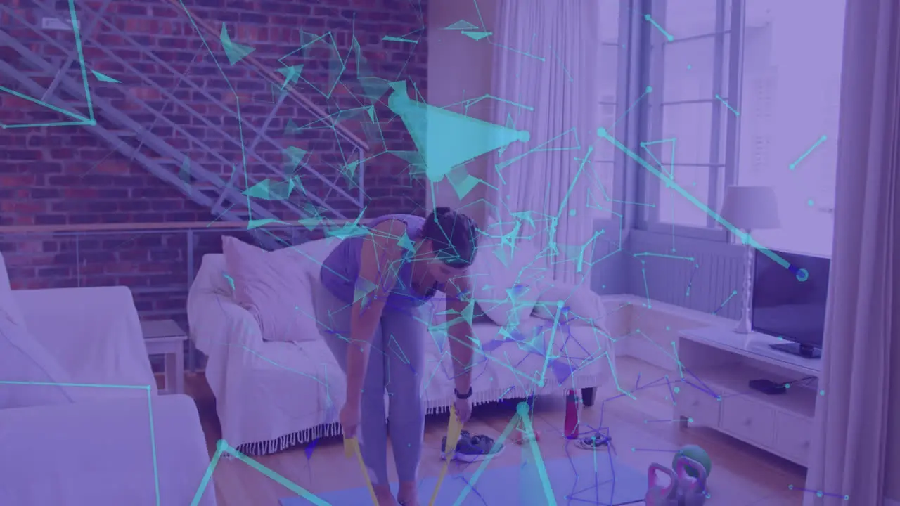 Animation of network of connections over woman exercising with rubber tape at home