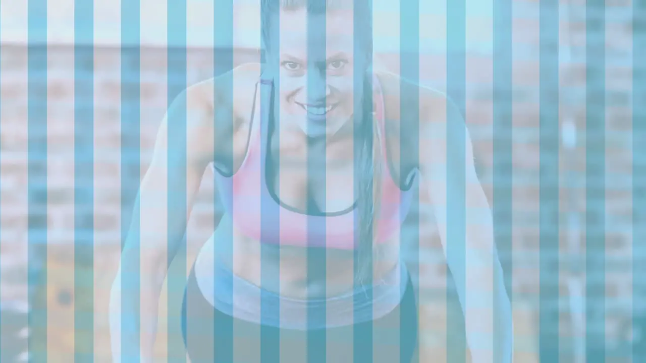 Animation of blue stripes over woman exercising