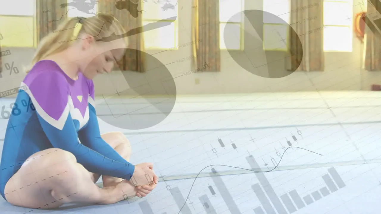 Animation of statistical data processing against caucasian female gymnast stretching at the gym