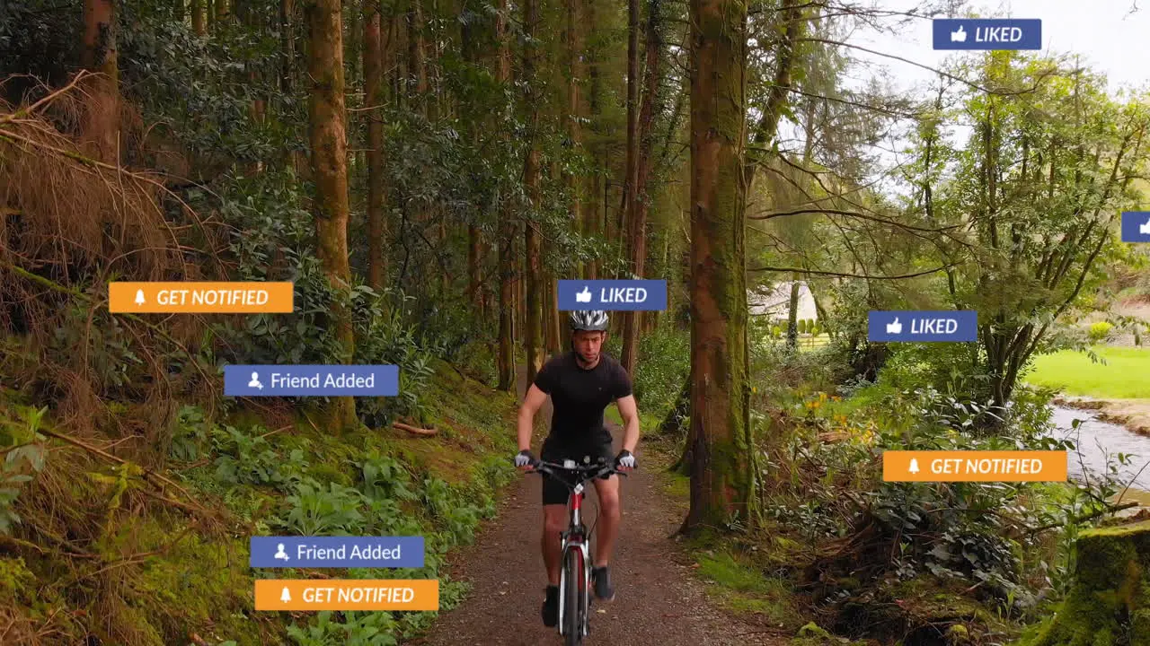 Animation of social media icons over aerial view of caucasian male cyclist riding bike in the forest