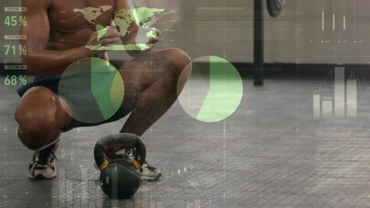 Animation of data processing over african american fit man applying chalk to hands at the gym