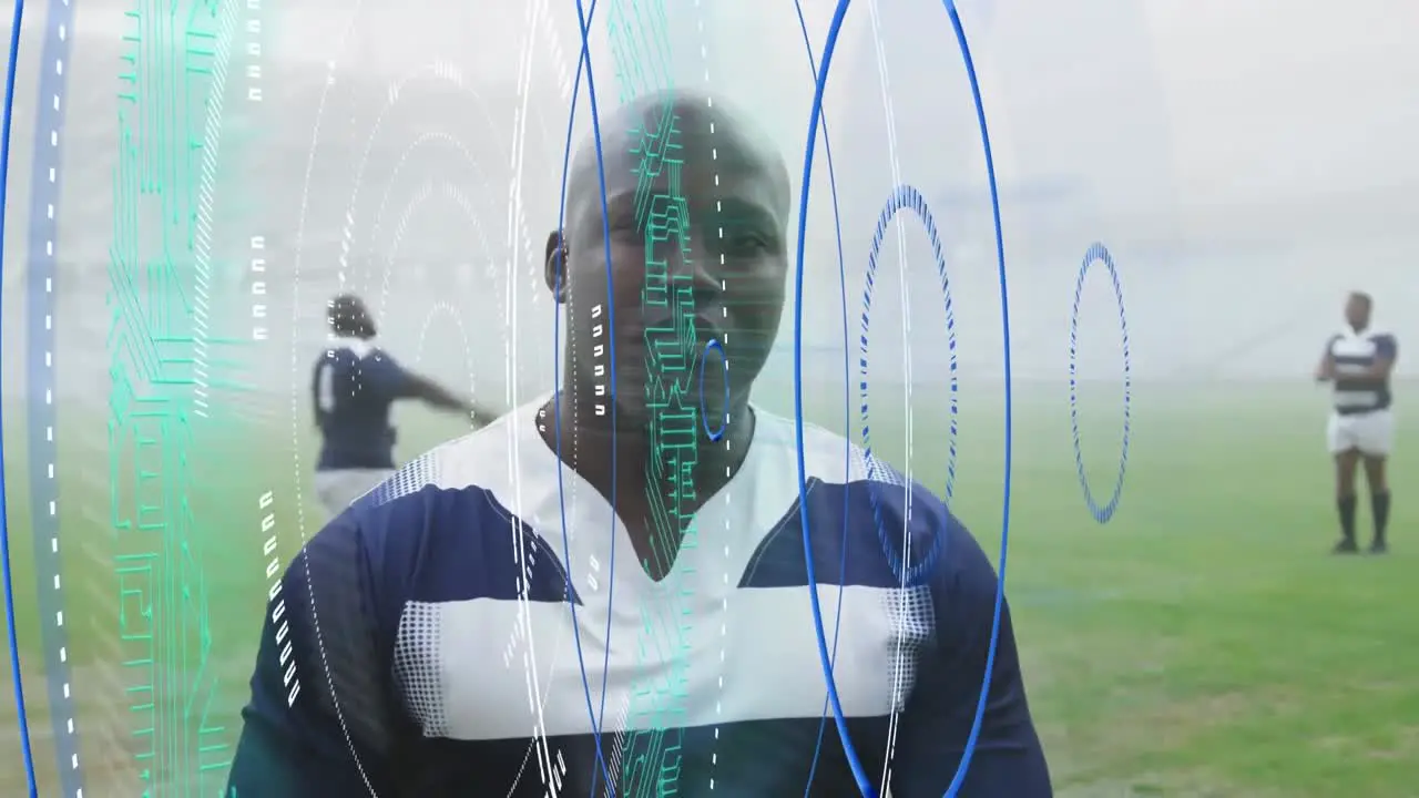 Animation of scope scanning over male rugby players at stadium