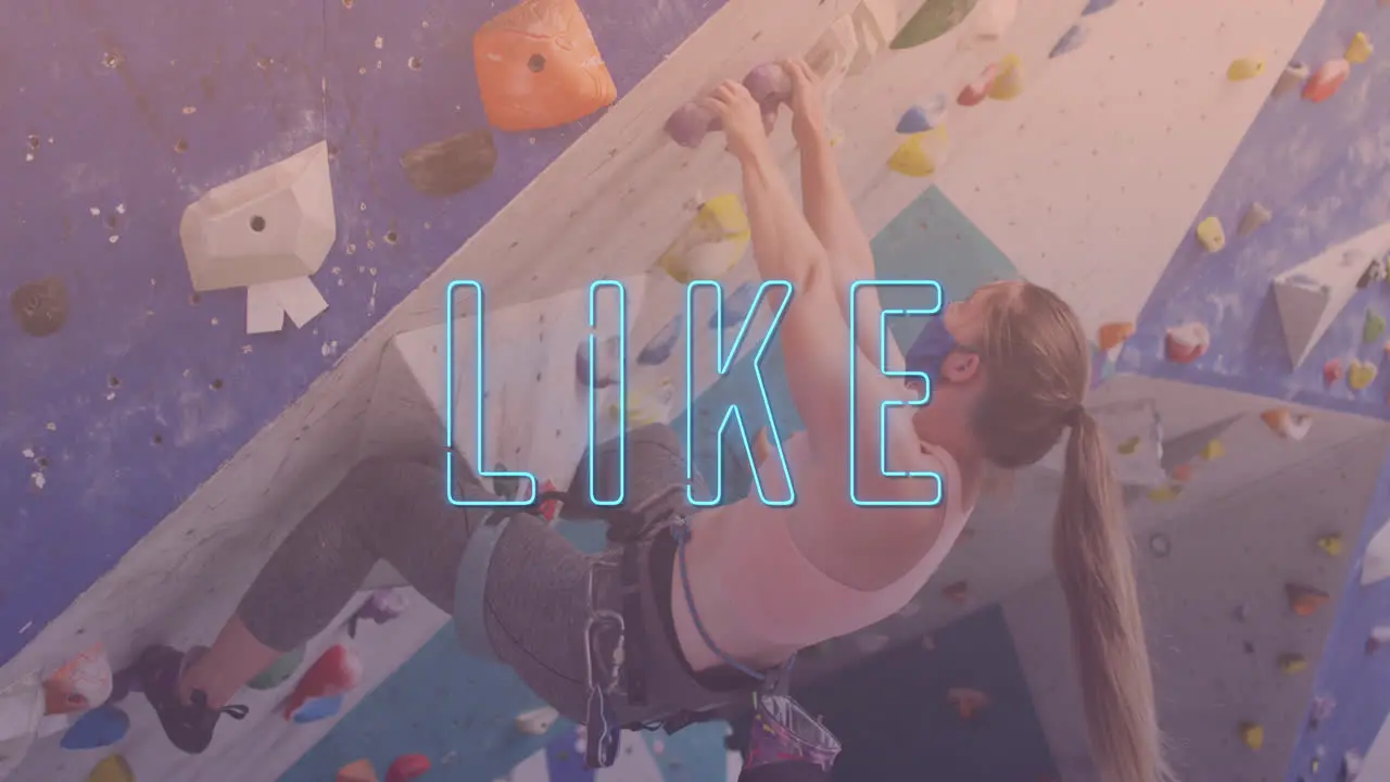 Neon blue like text banner against caucasian fit woman wall climbing at the gym