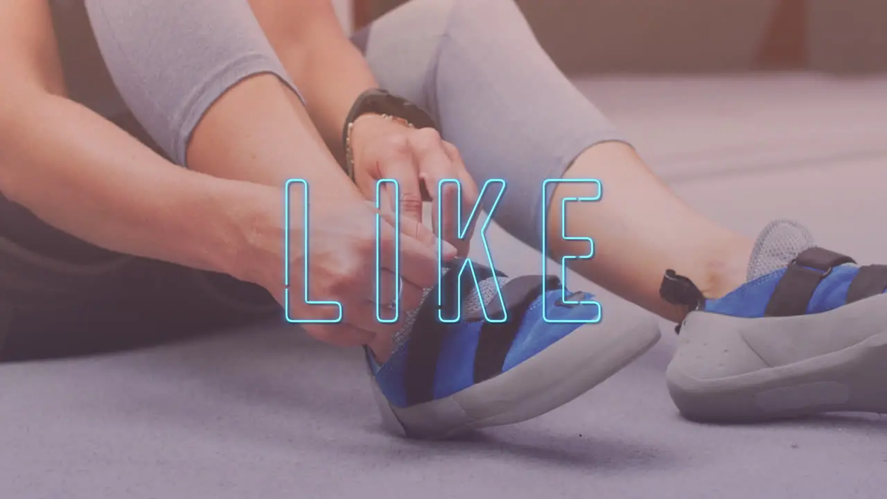 Neon blue like text banner against mid section of woman tying her shoelaces at the gym