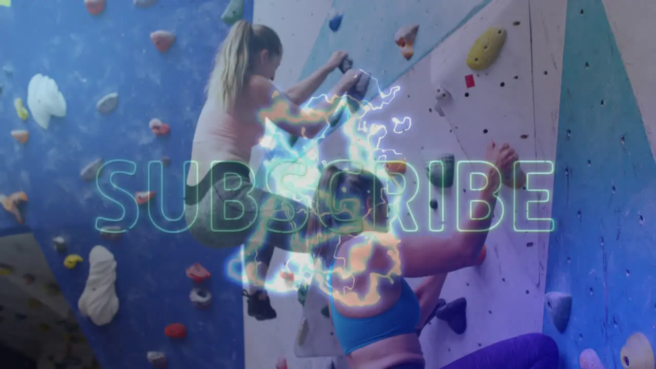 Neon yellow subscribe text banner against two caucasian fit women wall climbing at the gym