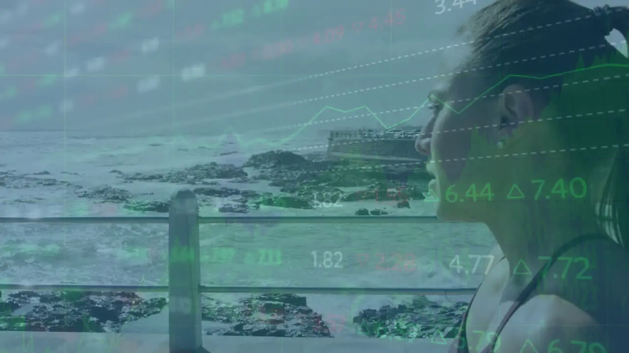 Animation of stock market data processing over caucasian fit woman taking a break from running