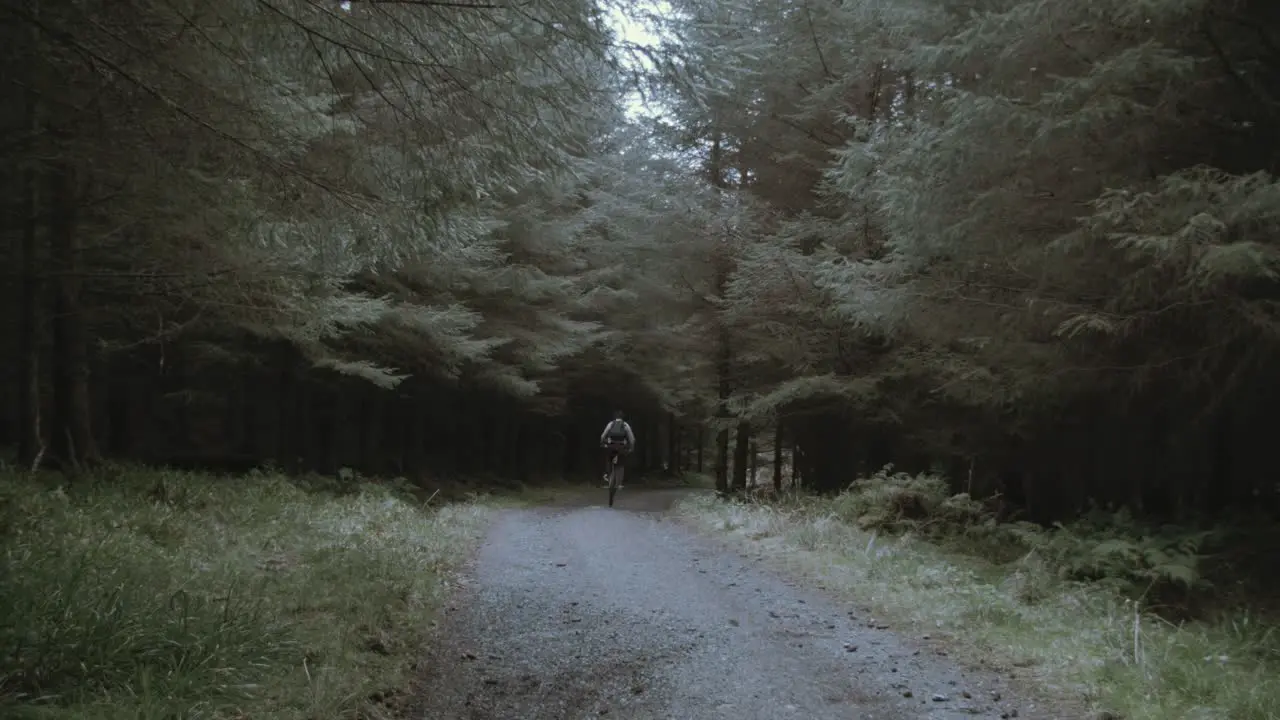 Youth cycles down forest pathway within nature wearing backpack