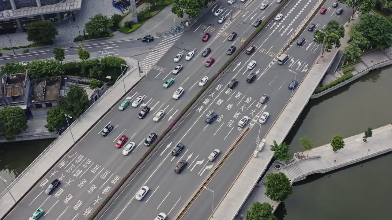 Cars taxis and public transport buses moving on a highway in city downtown of Guangzhou China Aerial shot Asia