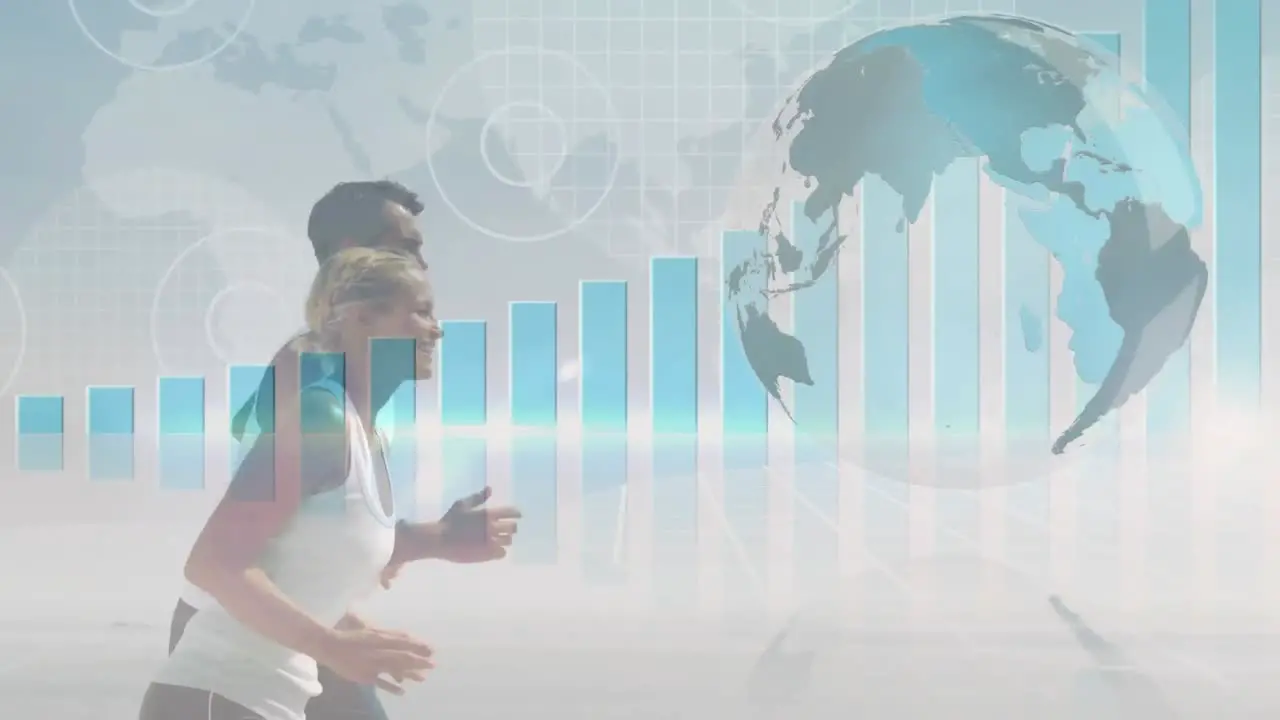 Animation of statistics processing globe and world map over man and woman running