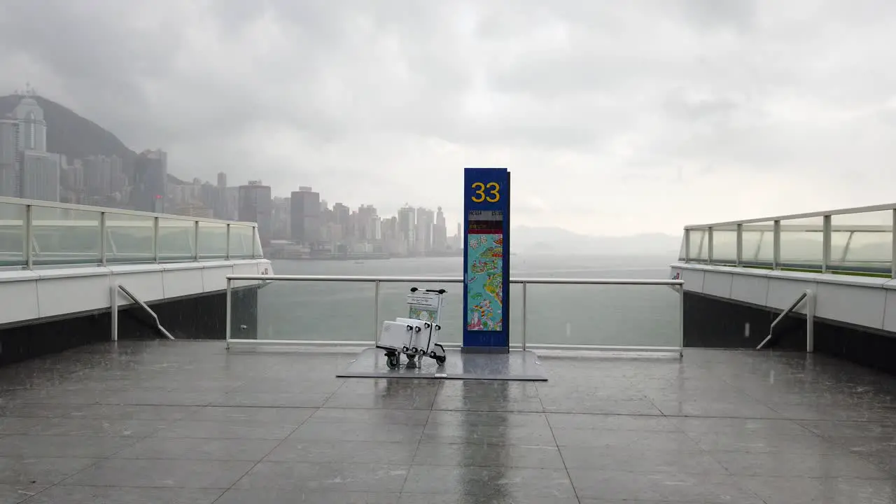 Heavy rain hitting central Hong Kong with city skyline in the horizon