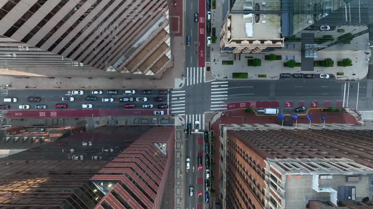 Top down aerial of drone in urban USA city