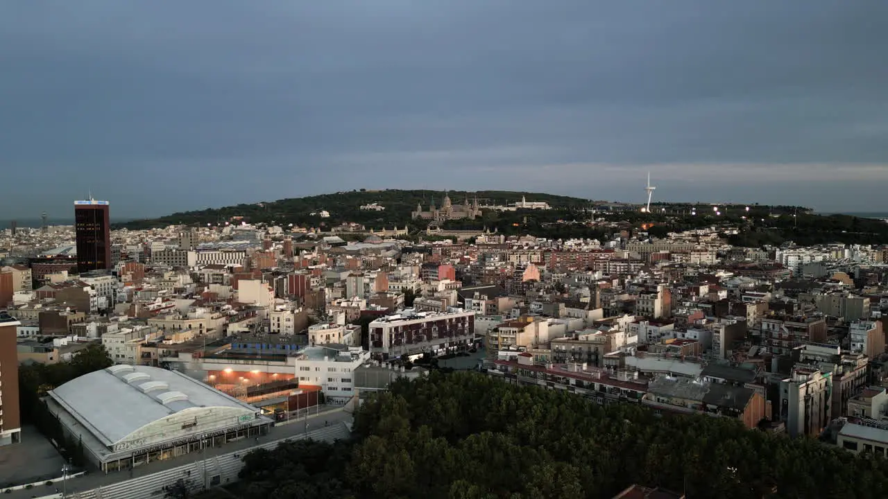 Sunset Cloudy Drone Shot Over Park in Barcelona Spain