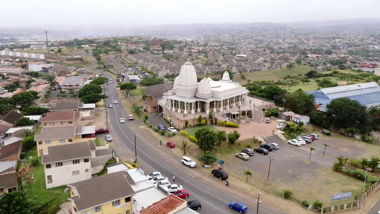 Wide aerial drone of a Hindu Temple in South Africa