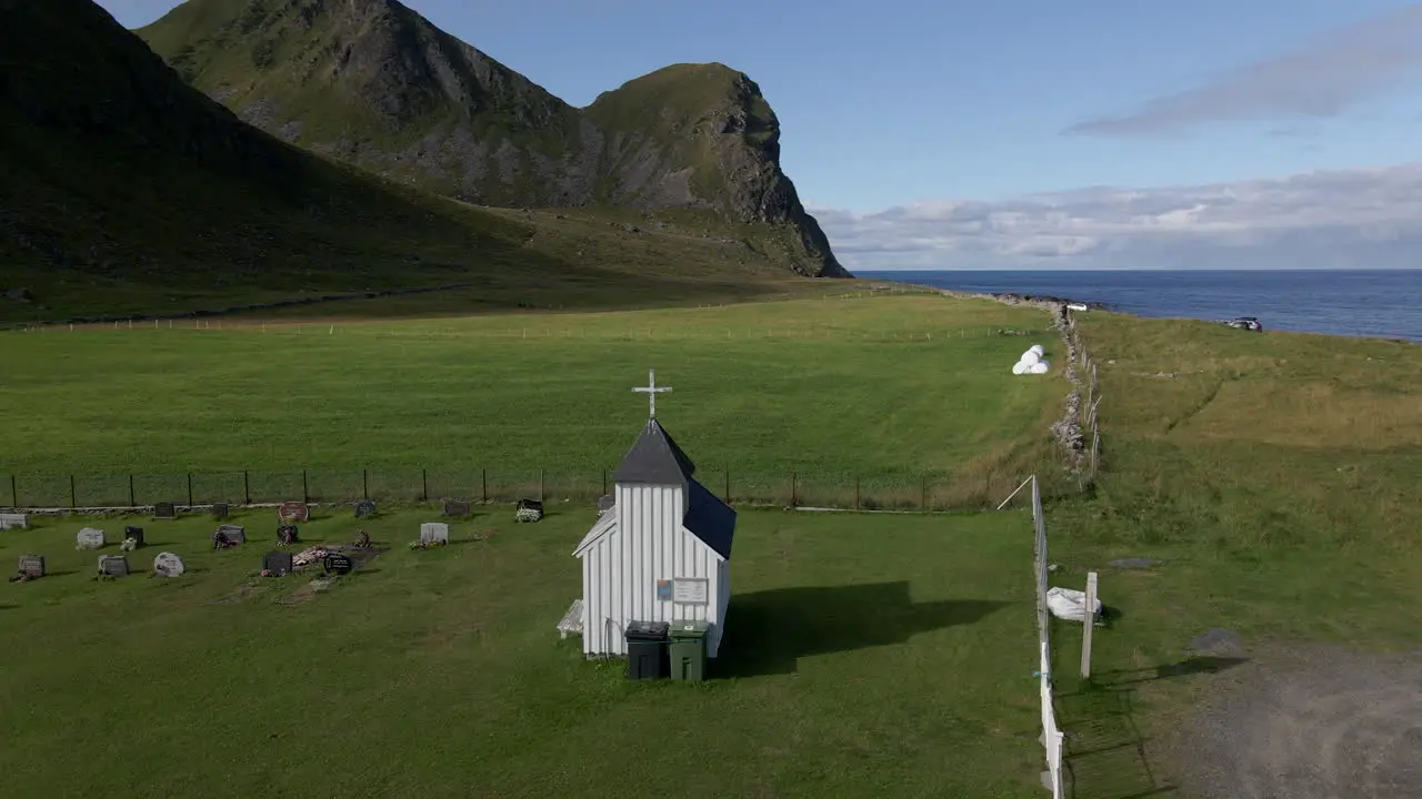 A very small and special church at a beautiful spot at Unstad Beach Lofoten Norway