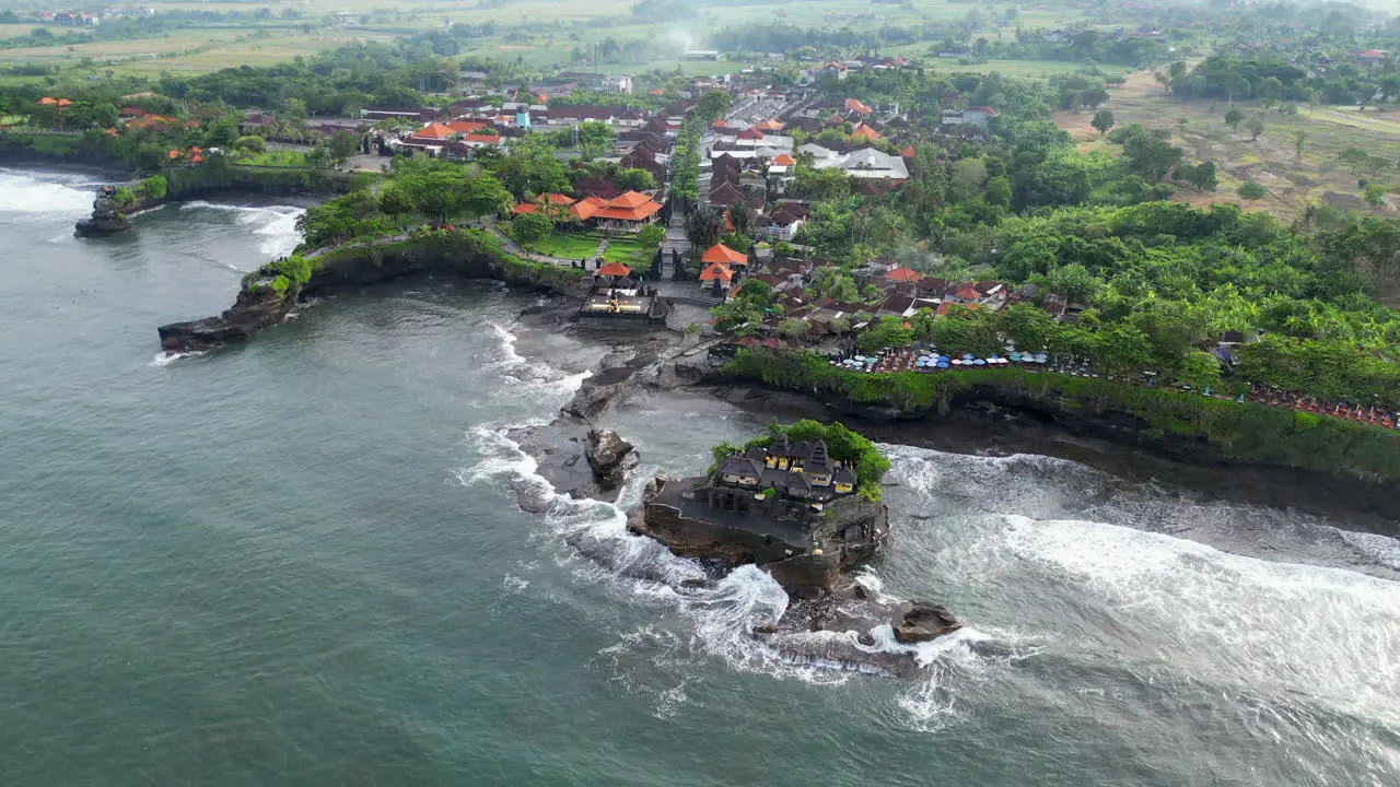 Tanah Lot Surrounding Area In Morning Bali Indonesia High Angle Pull Back