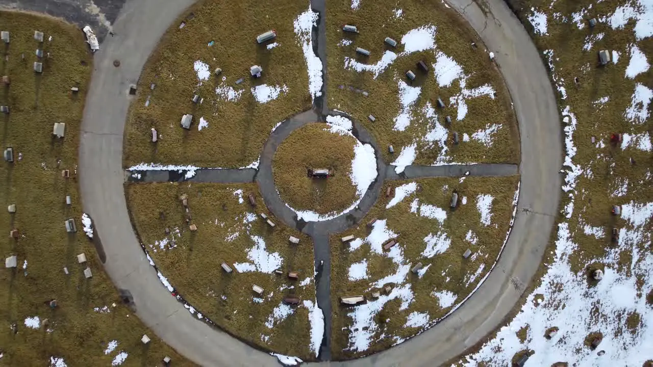 Aerial top down view of graves in the cemetery