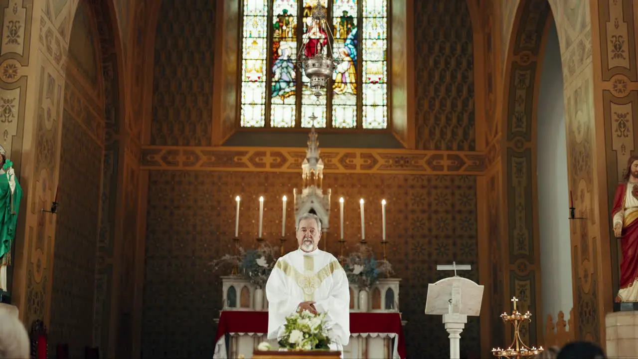 Funeral church and priest with prayer by coffin