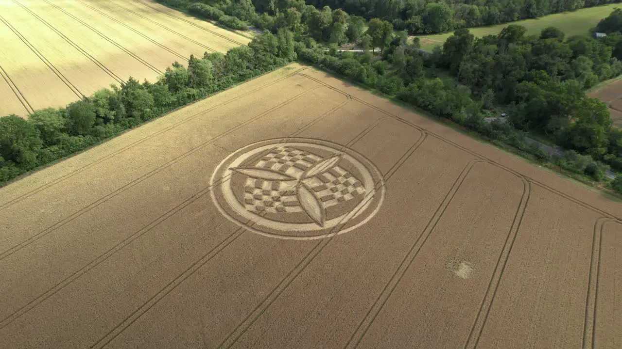 Aerial view looking down over golden Hampshire wheat field intricate divine symbolic crop circle