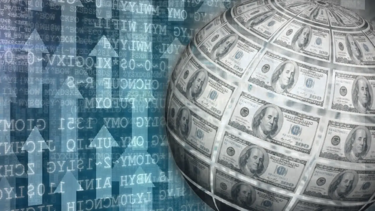 Animation of a globe made of us dollar bills spinning over data and information