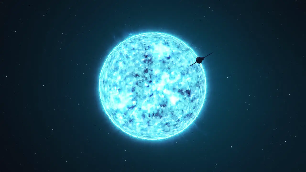 Satellite traveling towards an orbiting blue star in outer space 3D animation