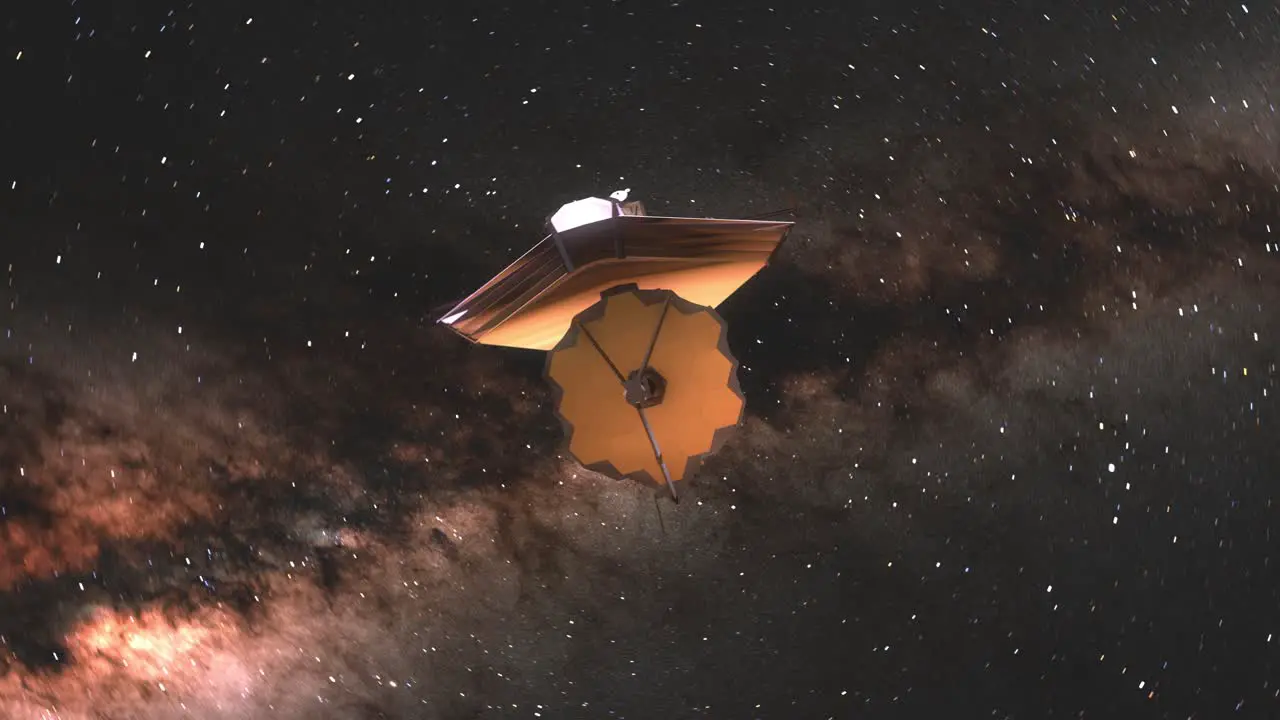 James Webb Space Telescope with Camera Rotating and JWST Moving Past Taking in Early Universe Pictures 3D CGI Animation 4K