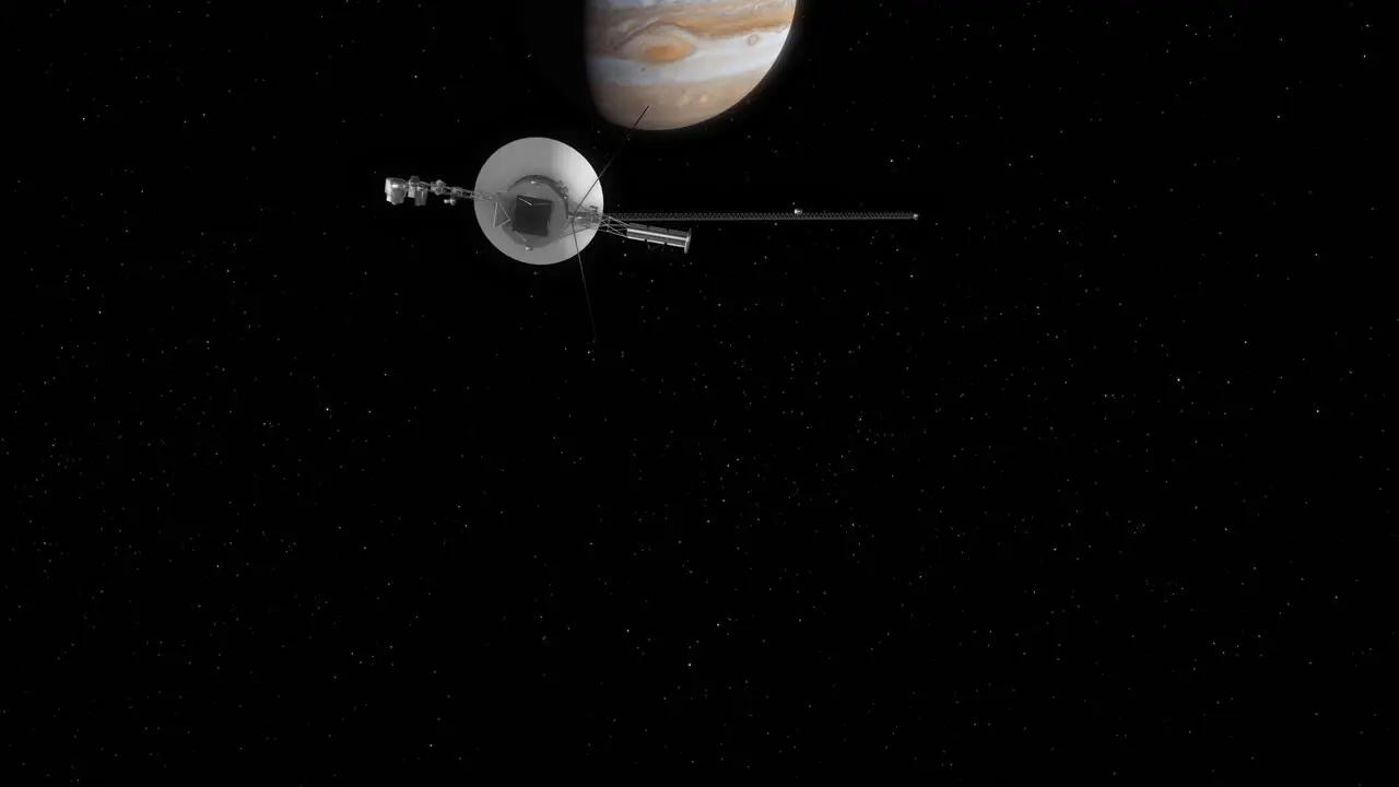 Voyager 1 Heading Towards Gas Giant Jupiter to Take Photos on Flyby as Camera Pans Up for Reveal 4K