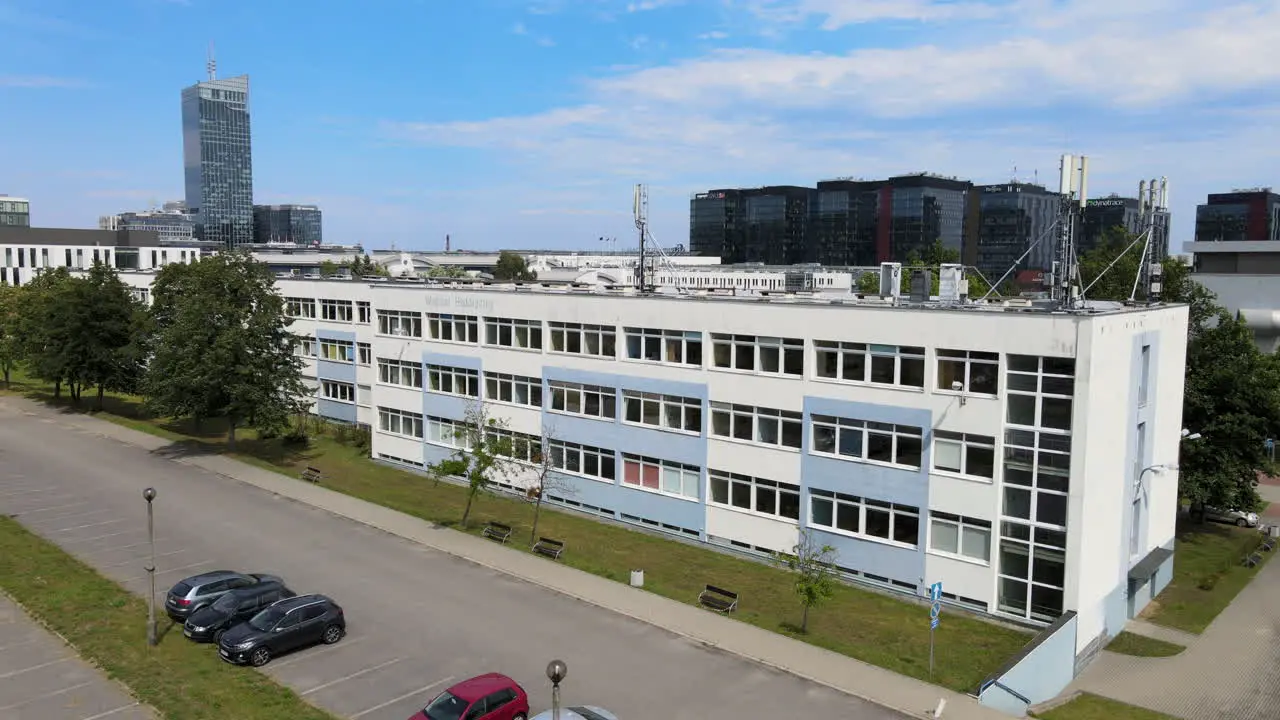 Aerial view showing building of University of Gdansk for Philology and History during sunny day Poland