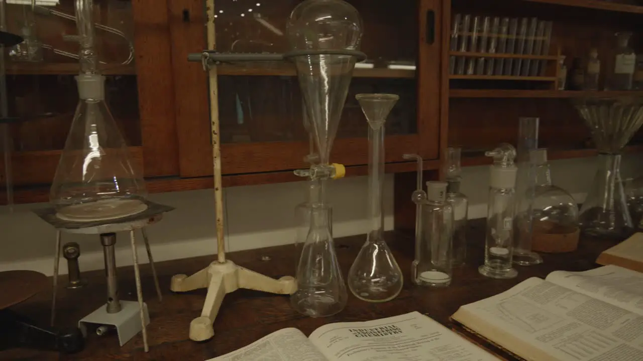 Exhibition of scientific glassware and other glass vessels at the National Technical Museum in Prague showcases a collection of flasks and containers used for scientific experiments Czech Republic