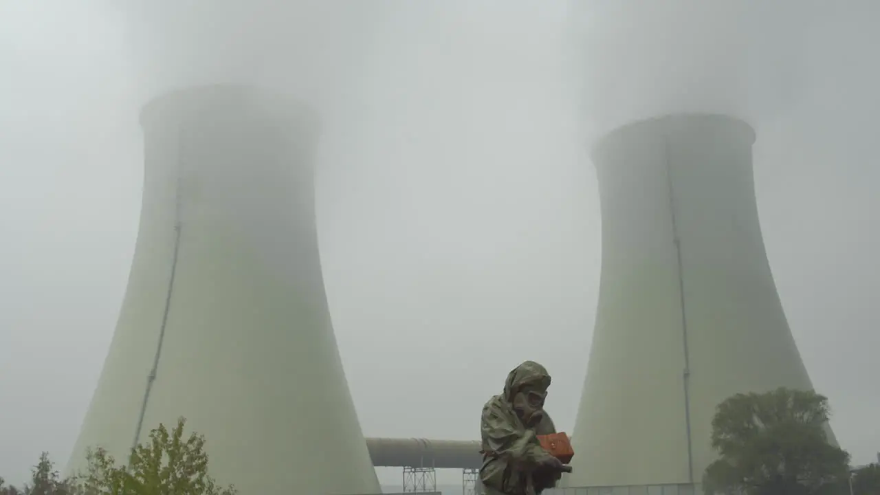 Person in a protective suit measures radiation outside