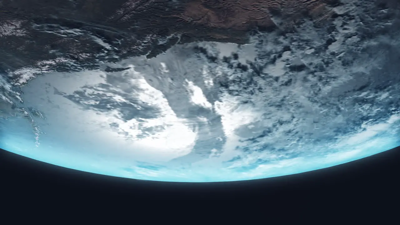 Upside Down Earth from Space with Earth Slowly Rotating with Bright Blue Atmosphere on Horizon and Sea Dynamic Clouds 3D Animation 4K