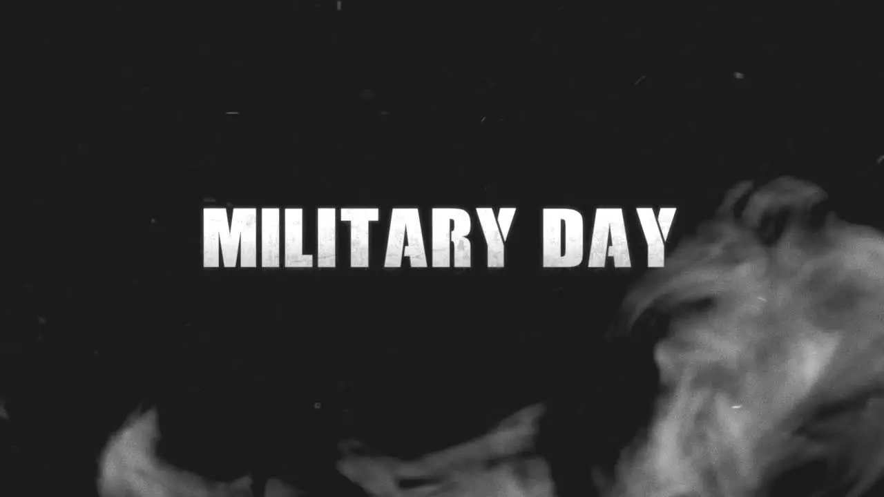 Animation text Military Day on military background with dark smoke