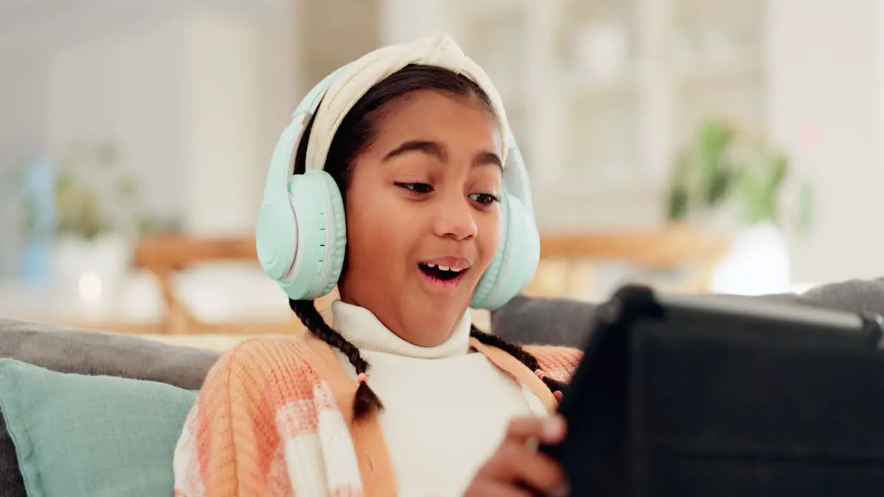 Home happy and girl with headphones