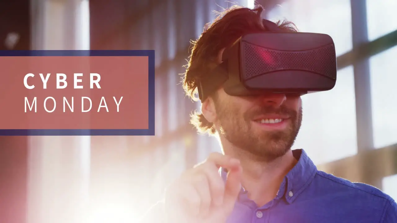 Cyber Monday text and man using virtual reality headset 4k